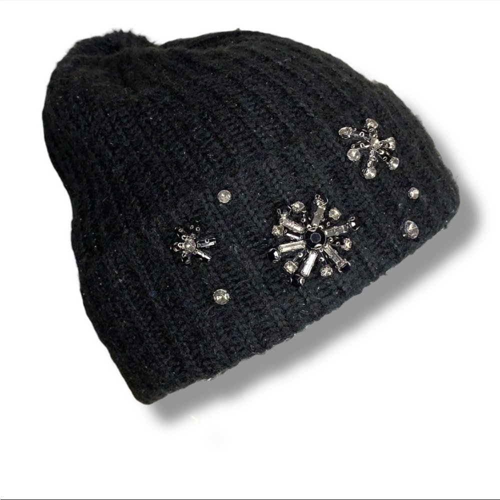 Victorias Secret Black Silver Rhinestone Beanie Pom Pom Accent Glam Knit Hat